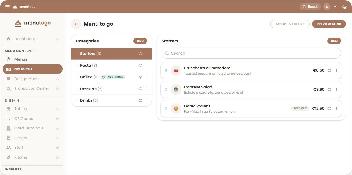 MenuToGo-Demo öffnen: Dashboard mit Kategorien, Gerichten und Preisen
