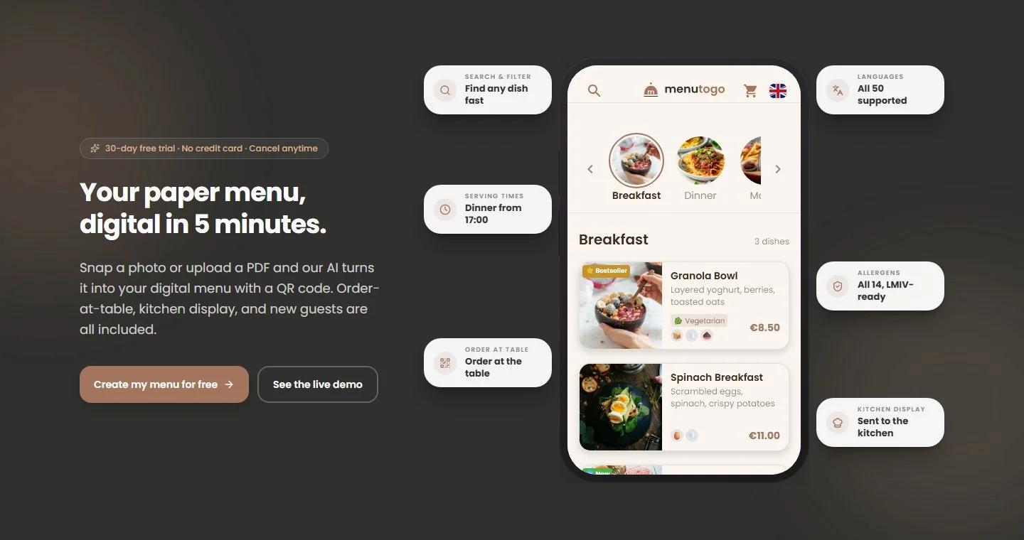MenuToGo öffnen: Website mit einer digitalen Speisekarte auf einem Smartphone